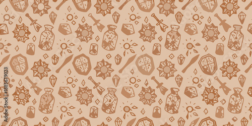 A seamless pattern of medieval weaponry potions and shields in a muted tone