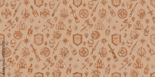 A repeating pattern of medieval weaponry skulls and shields in a muted tone