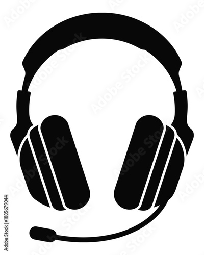 Headset icon illustration, simple black and white design with microphone boom arm, customer support, call center, communication symbol for web, app, and interface graphics.