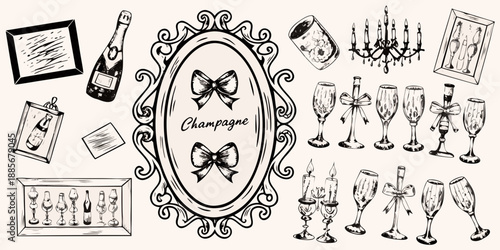 A charming sketch of champagne bottles glasses and ornate decorative frames