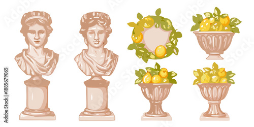 Classical busts and citrus fruit arrangements in a decorative vintage style