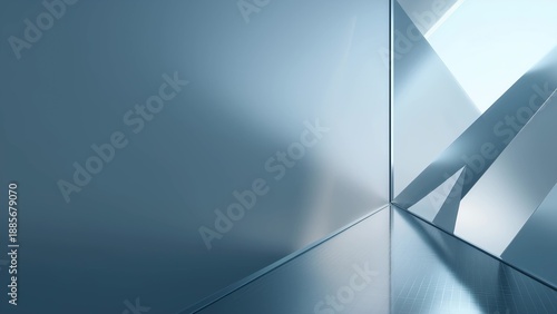 Minimalist steel-blue architectural corner with diagonal panels and reflective metal floor, soft skylight bloom, static camera, subtle light sweep and haze breathing, clean copy space for titles