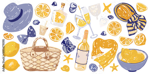 A vibrant illustration of citrus fruits wine and picnic elements