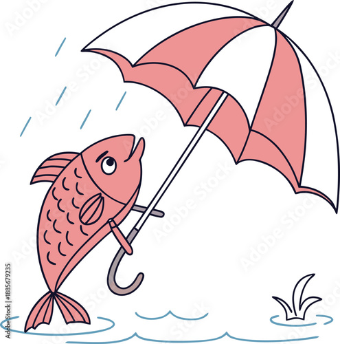 Whimsical pink fish with umbrella in rain, a cute and charming aquatic illustration for fantasy and dreams.