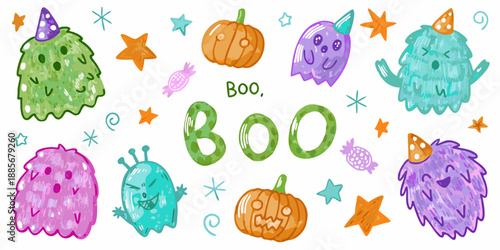 Cute halloween monsters pumpkins and sparkling stars create a festive scene