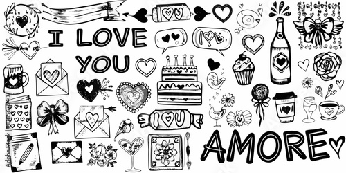 A charming collection of hand drawn love themed doodles and romantic illustrations