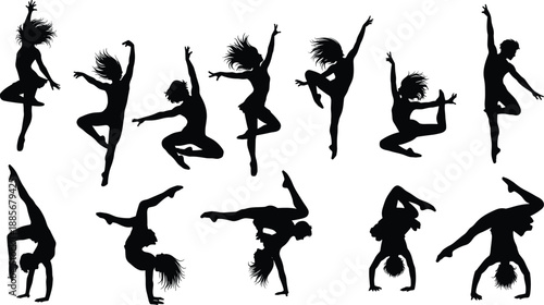 Extensive Collection of Dynamic Vector Silhouettes Featuring Dancers and Gymnasts in Various Acrobatics, Handstands, and Elegant Movement Poses for Art and Fitness.