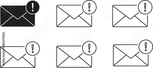 Email Notification Icon Set Featuring Envelope Symbols with Exclamation Mark Representing Urgent Messages Spam Alerts Important Mail Digital Communication Security Warnings and In