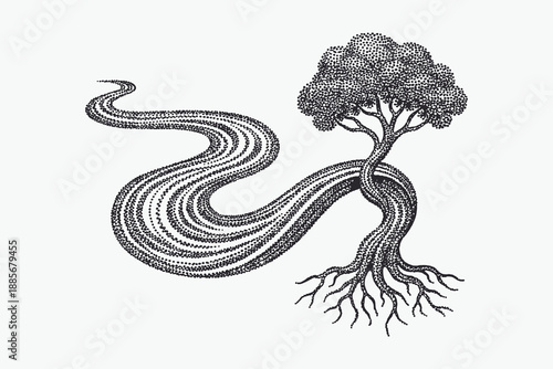 Stippling illustration of a stylized tree with strong roots and a flowing path.
