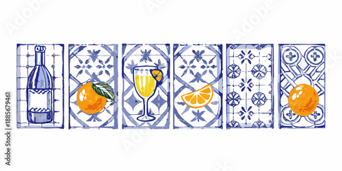 Decorative blue and white tile patterns featuring wine citrus and elegant designs