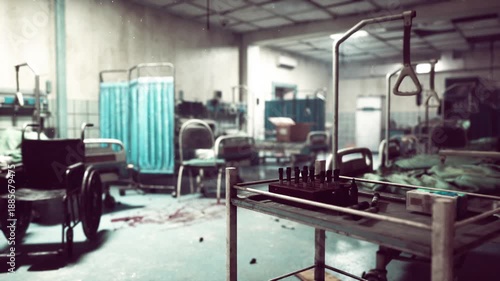 An abandoned hospital reveals its dilapidated state, showcasing overturned wheelchairs and disordered hospital beds, hinting at a forgotten past filled with urgency and care.