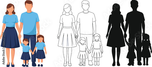 Family portrait graphic set with color, outline, and silhouette versions of parents holding hands with two little daughters, symbolizing unity, love, and childhood.