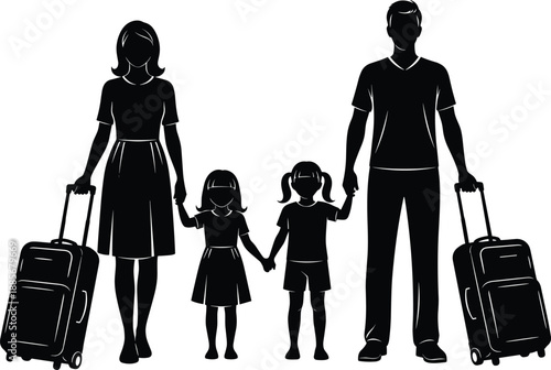 Family travel silhouette illustration featuring parents and two children standing with suitcases, symbolizing vacation planning, adventure, and holiday departures together.
