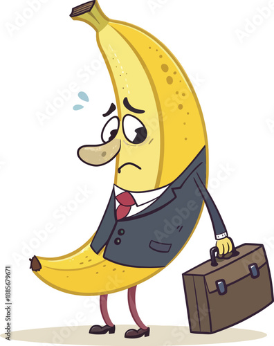 Sad businessman banana holding briefcase, looking worried, a cartoon illustration for business challenges and failure.