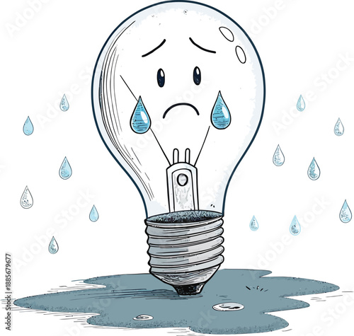 Sad light bulb crying tears surrounded by water drops, symbolizing lack of ideas, creative block, and burnout.