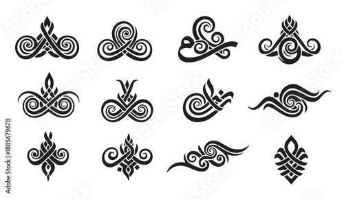 Collection of tribal Maori inspired swirling graphic design elements and symbols