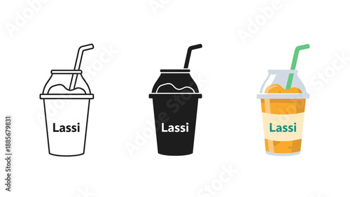 Three Lassi drink cups with straws isolated on white background