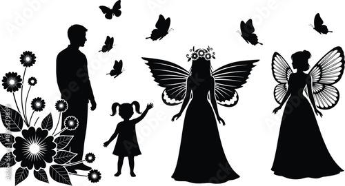 Fantasy fairy silhouette graphic showing a father, daughter, and two winged fairy-like women among flowers and flying butterflies, symbolizing imagination and magic.