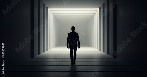 Man walking alone through a modern architectural passage conveys confidence, independence, and commitment to long term goals.