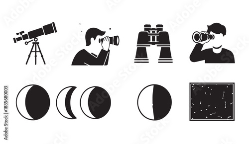 Vector illustrations of astronomy tools and moon phases with starry night sky