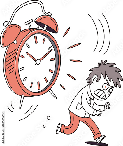 Scared person running from a loud alarm clock, symbolizing fear of being late, deadlines, and time pressure.