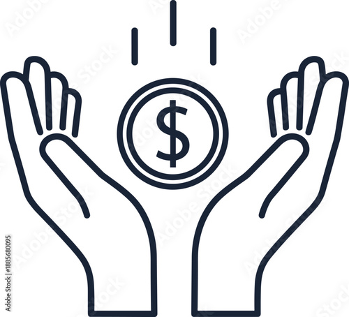 Financial Charity Icon Featuring Cupped Hands Protecting a Dollar Coin Representing Savings Investment Donation Funding Wealth Management Social Security Insurance and Generous Giving Support
