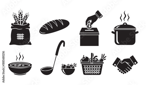 Black vector icons of food and cooking related items on white background