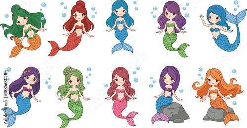Cute mermaid characters icons set with colorful hairstyles fantasy sea creatures cartoon vector illustration