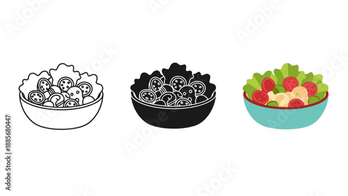 Three bowls of salad and snacks isolated on white background