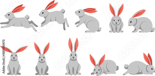 Cute rabbit character poses illustration set with running sitting jumping bunny cartoon vector design
