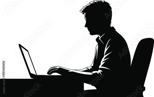 Focused professional or student working diligently at a desk using a laptop, symbolizing digital remote work, online education, technology, and productivity.