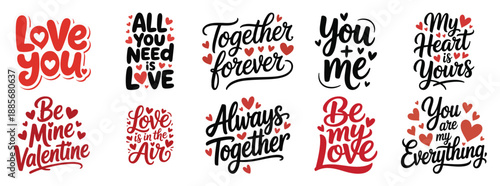 Valentines Day Typography with Hearts and Love Quotes Vector on a White Background