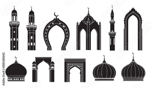 Islamic architecture elements, mosque silhouettes, arches, domes, minarets, crescent moon, Muslim culture symbols.