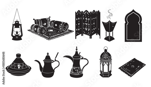 Arabic cultural symbols and objects, including lanterns, carpets, and tea sets, in black silhouette.