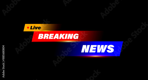 Breaking news vector banner template with live broadcasting lower third design. Modern TV news bar illustration for journalism, media streaming, and video report overlays on black background.