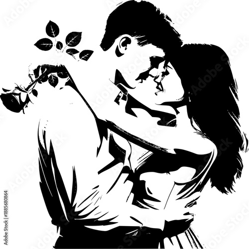 Love's Embrace: An intimate monochrome illustration of a couple deeply entwined, conveying the raw emotion and tender connection of a romantic moment.