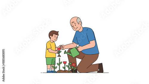 Grandfather and Grandson Planting Flowers Together, A Heartwarming Scene of Intergenerational Connection and Nurturing Nature