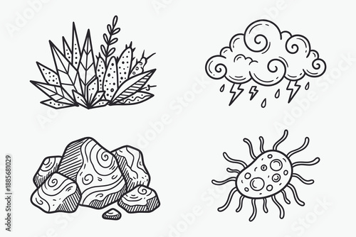 Doodle Icons Set: Nature, Weather, Rocks, and Microbe Hand Drawn Elements