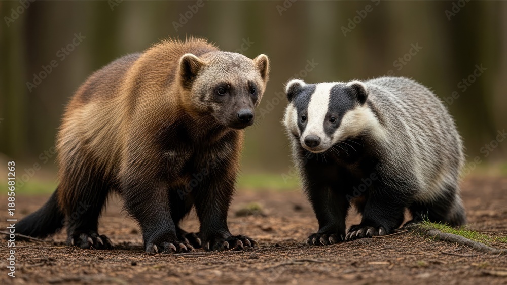 Obraz premium Two wolverines and a badger in a forest setting.