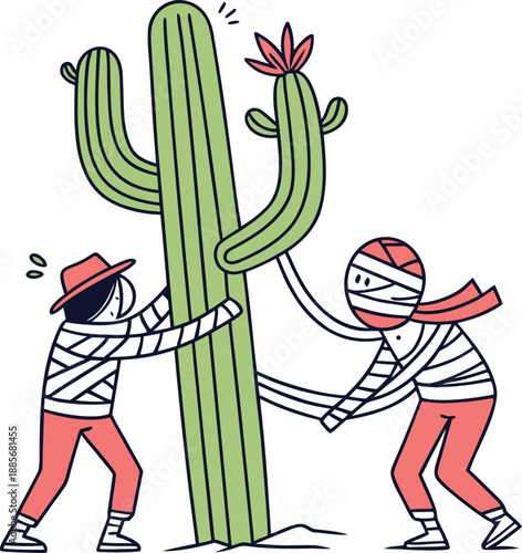 Two mummies in striped outfits hugging a large cactus in a funny desert scene