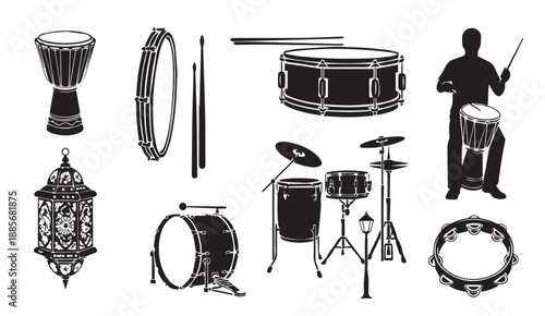 Black and white vector illustration of various drums and percussion instruments