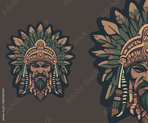 Detailed face of Native American tribal warrior with feathers in war pait by stylized leaves and ornamental ethnic details on a green background