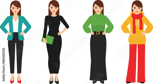 Elegant women fashion outfits illustration set with modern casual business clothing vector design