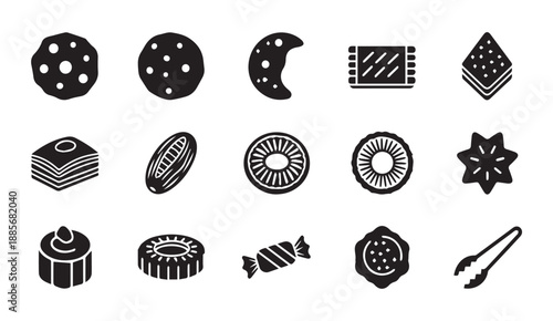 Collection of various sweet food icons including cookies, cakes, and candies in black and white.