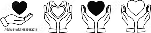 Hand Holding Heart Icon Set Representing Charity Donation Love Health Care Support Volunteering Kindness Protection Compassion Social Wellness and Community Giving Symbols