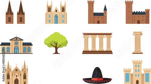 European medieval architecture icons set with castles cathedrals columns buildings historical landmarks vector illustration