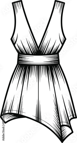 Black and white line art of a sleeveless V-neck wrap dress with a cinched waist and a flowing, asymmetrical hem