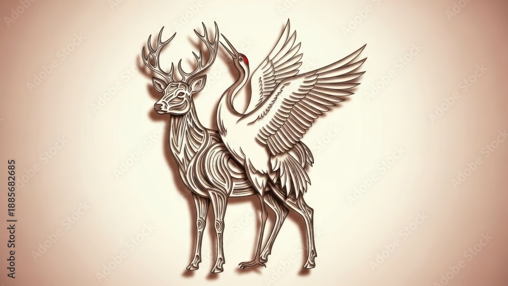 Fototapeta premium A stylized, intricate drawing of a deer and a crane on a beige background.