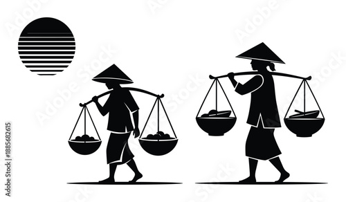 Silhouette of two Asian vendors carrying baskets of fruit on poles. Keywords: silhouette, vendor, asian, carrying, baskets, fruit, pole, conical hat, traditional, walking, isolated, white