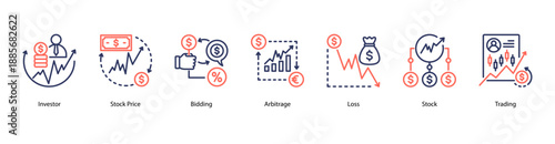 Stock Operations web banner icon vector illustration featuring Investor, Stock Price, Bidding, Arbitrage, Loss, Stock, and Trading.